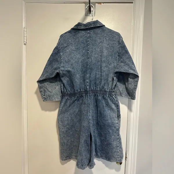 VTG 80s Denim Sz:L Acid Wash One Piece Shorts Jumpsuit Rockabilly utility-style - Image 2