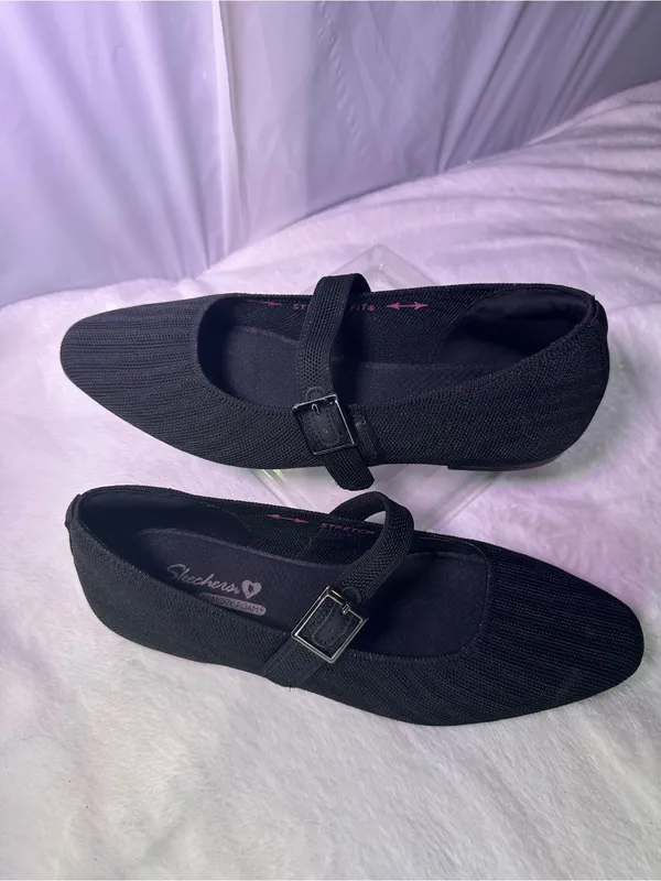 Skechers Black Mary Jane Pointed Ballet Flat with Buckle - Image 2
