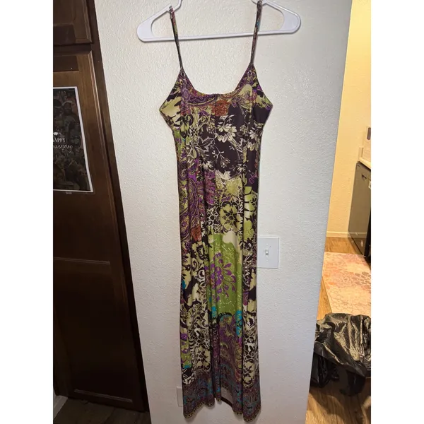 ICE Petite Y2K Maxi Dress Purple Green Paisley Floral Empire Waist Size 4P - Image 4
