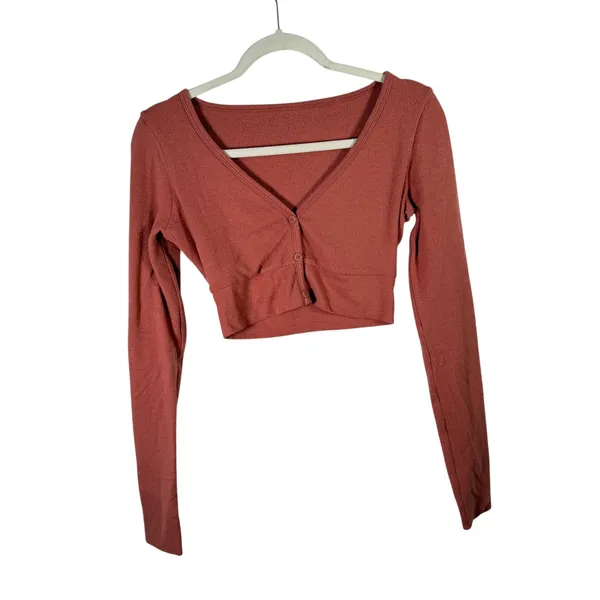 Alo Yoga Alolux Cropped Me Time Cardigan Button Front Terracotta Womens Small? - Image 3