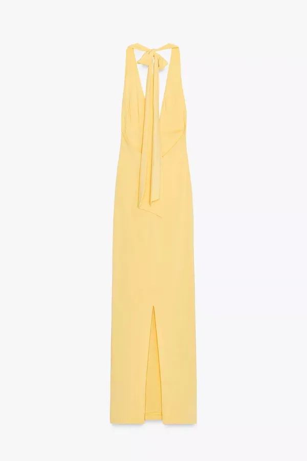 Zara Butter Yellow Halter Maxi Dress with Plunging Neckline Scarf Wedding Party - Image 13