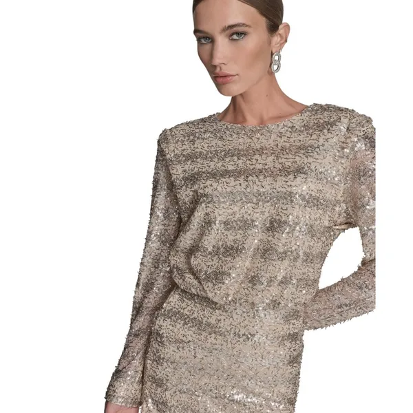 BCBG Womens Sequin Detail Striped Boat Neck Dress BD5E5180 Champaign Brown 10 - Image 9