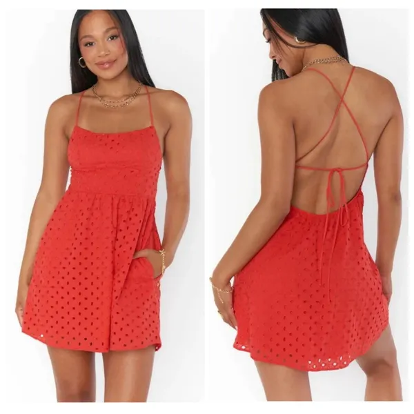 Show Me Your Mumu Out Of Town Mini Dress S Red Eyelet - Image 3