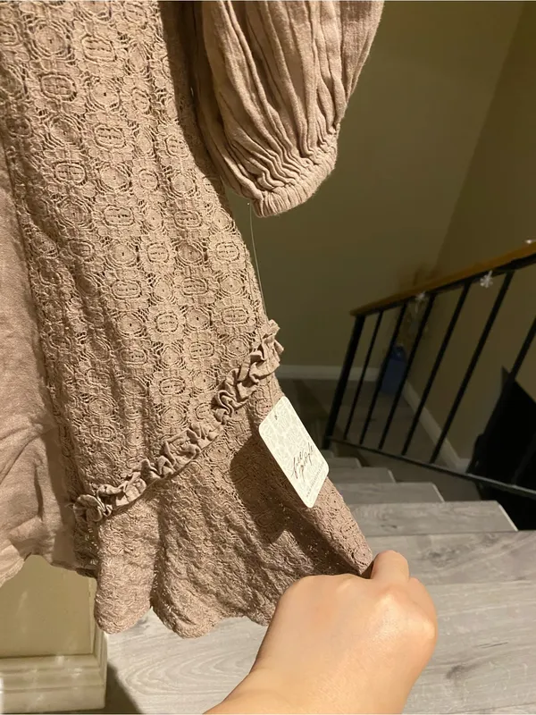 NWT free people boho Taupe Peasant Mini Dress with Puff Sleeves, size Xs - Image 5