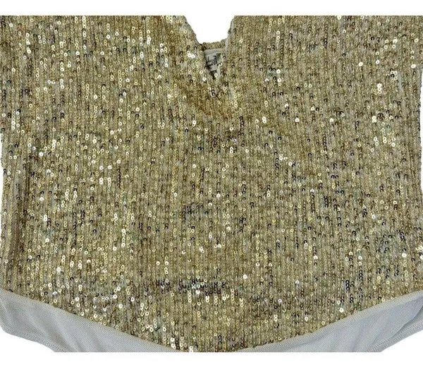 INTIMATELY FREE PEOPLE Sparks Fly Iridescent Gold Shimmery Sequin Bodysuit Sz M - Image 6