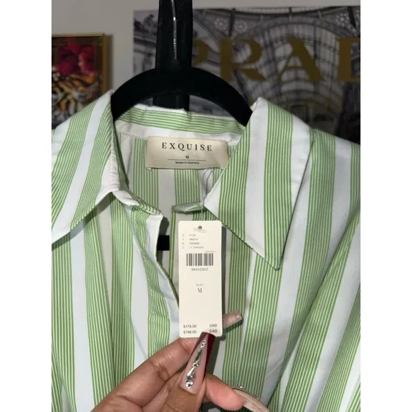 Exquise Tobie Green Striped Button Front Pleated Mini Shirtdress Medium New NWT - Image 12