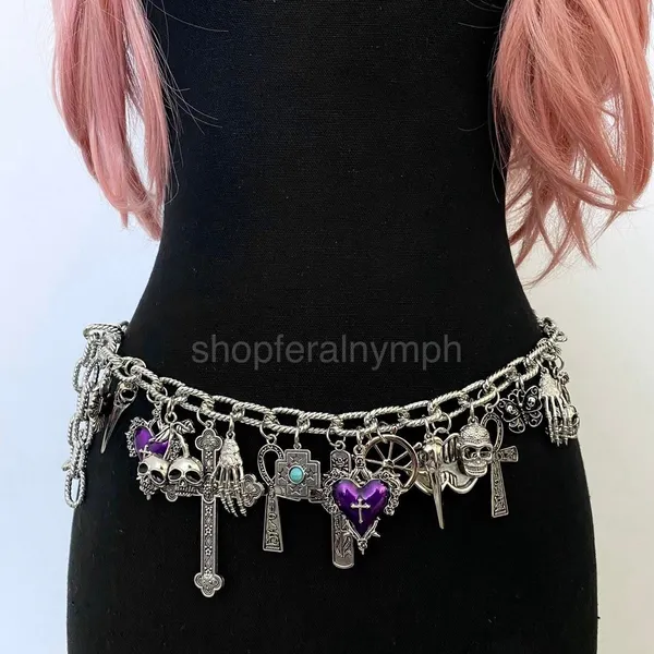 Silver Y2K Gothic Purple Heart Charm Chain Belt, Fits 14-40 Inches, X7GA1307 - Image 5