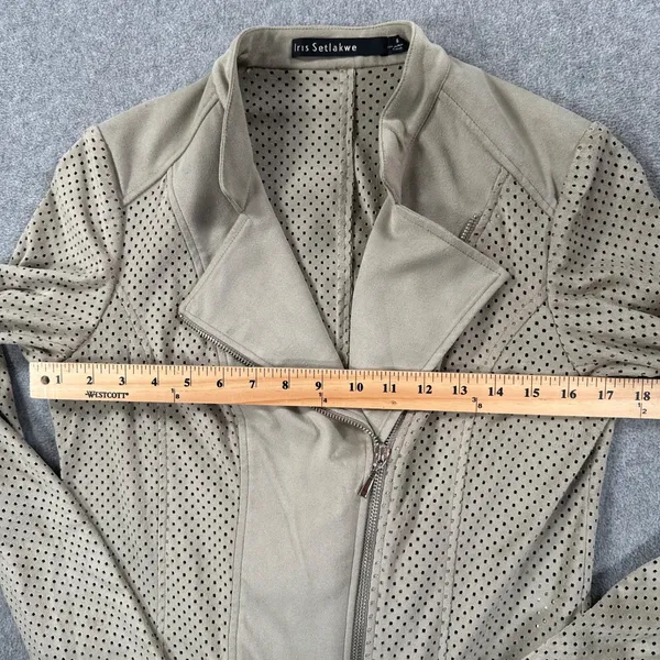 Iris Setlakwe Perforated Suede Moto Jacket Zip Up Women's 8 Beige Long Sleeve - Image 7