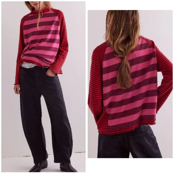 Free People We The Free Punk Playful Tee Size Medium Pink Red Stripes Emo - Image 2