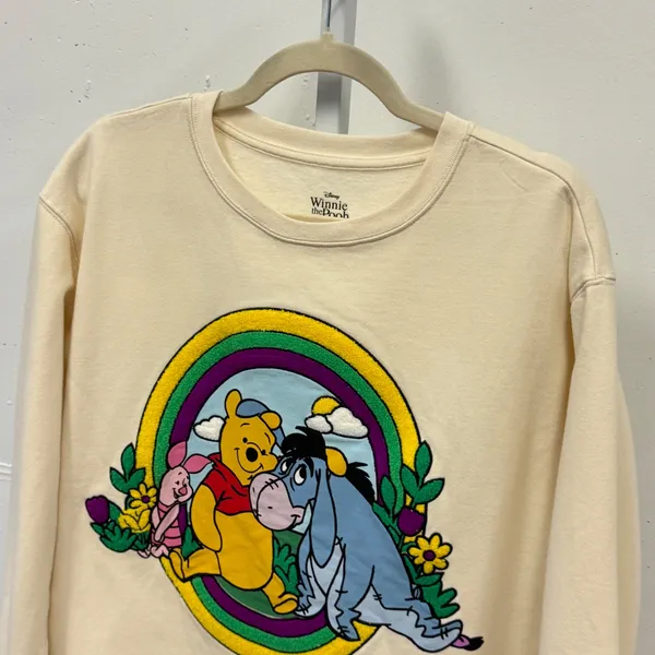 Disney Winnie the Pooh Eeyore Piglet Chenille Patch Sweatshirt Cream Large - Image 3
