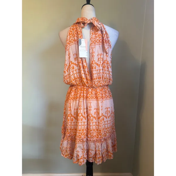 BTFBM Orange Pink boho dainty coastal resort Halter Open Back Mini Dress Large y - Image 5
