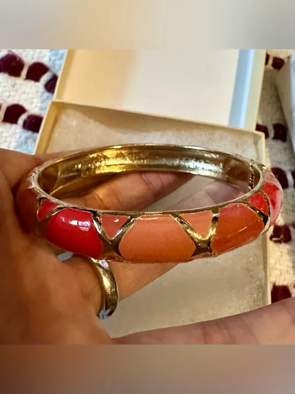 Sequin silver cross orange pink Coral Enamel Hinged Bangle Bracelet new in box - Image 5