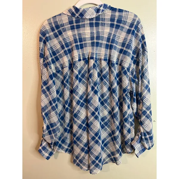 Free People Blue Cream Plaid Sheer Chiffon High Low Blouse Shirt Size Small - Image 6