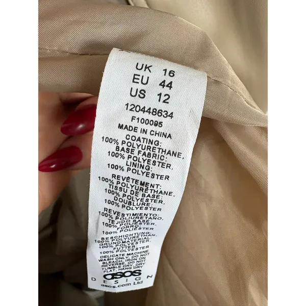 ASOS DESIGN Tan Faux Leather Trench Coat Size 12 Long Preppy Chic Minimalist - Image 7