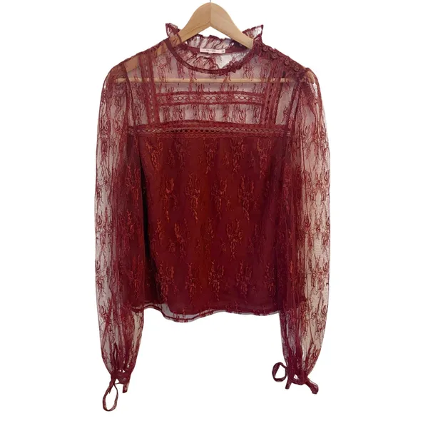 Tularosa Sheer Lace Top M Romantic Victorian Coquette Whimsigoth Ruffle Burgundy - Image 2