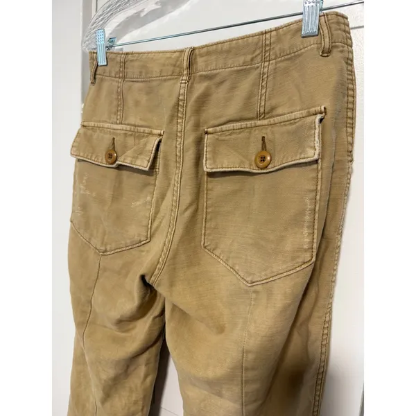 Free People Tan Distressed Utility Pants Frayed Hem Canvas Straight Leg Size 28 - Image 13
