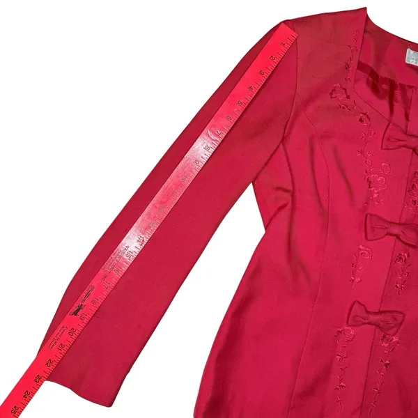 Vintage 90s Liz Claiborne 100% Silk Red Skirt Suit Set Bow Embroidery Size 6‎ - Image 10