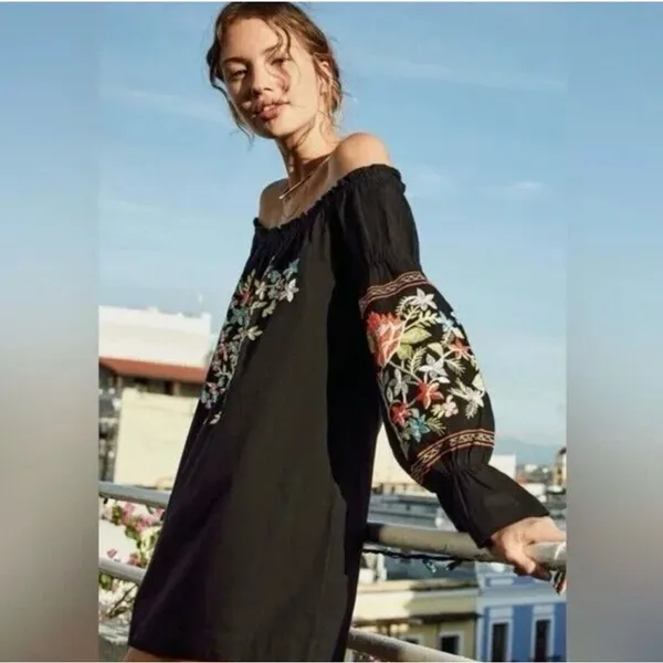 Free People Fleur‎ Du Jour Floral Embroidered Off-the-Shoulder Mini Dress Small - Image 7