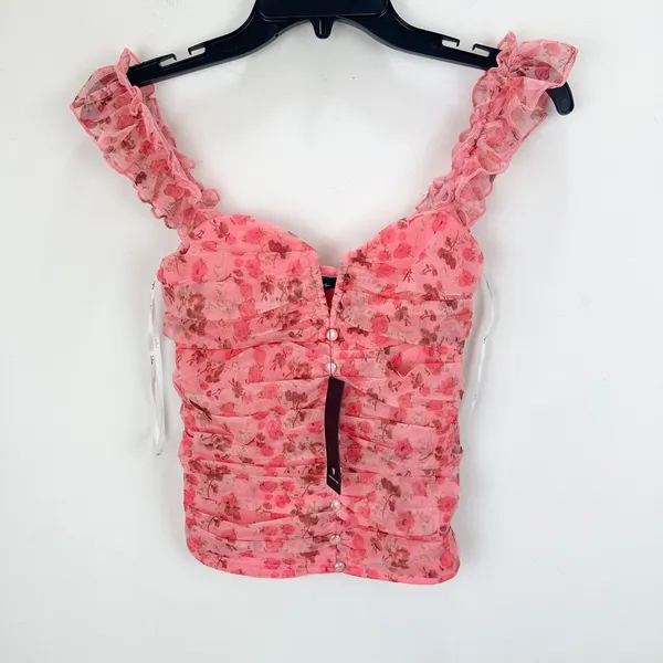Lulus Flirtatious Sweetness Hot Pink Floral Ruched Ruffled Tank Top Small NWT - Image 4