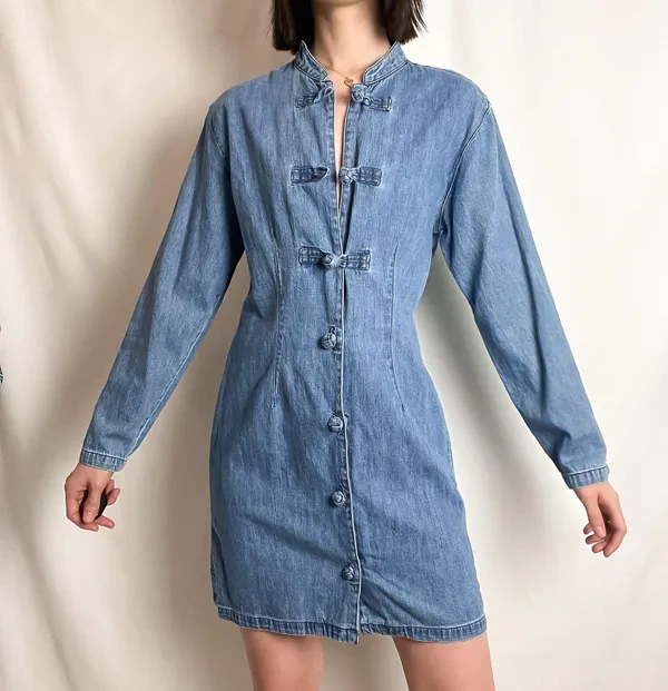 Guess vintage 90s blue chambray chinese knot button down long sleeve mini dress by - Image 3