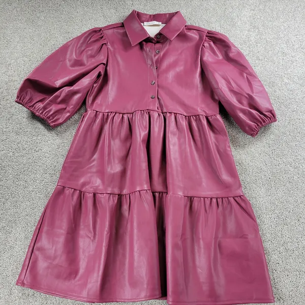 Karlie Womens Faux Leather Dress S Red Puff Sleeve Tiered Button Front Collared - Image 8
