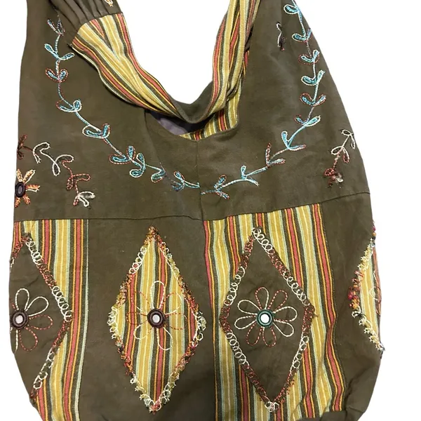 Green floral boho fabric bag - Image 3
