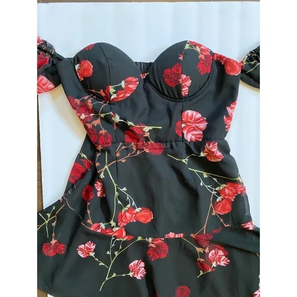 White Fox Black Red Floral Rose Off Shoulder Mini Dress Bustier‎ Large L - Image 10