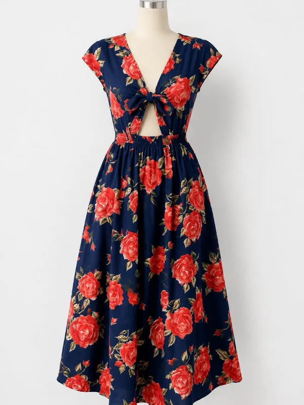 June & Hudson Floral Tie Front‎ Cutout Midi Dress Navy Rose Print Size Large - Image 2