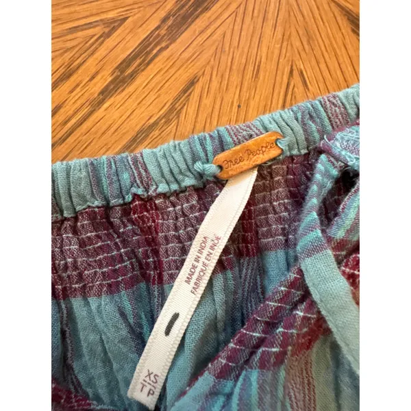 Free‎ People Turquoise Burgundy Plaid Smocked Off Shoulder Peplum Top XS - Image 2