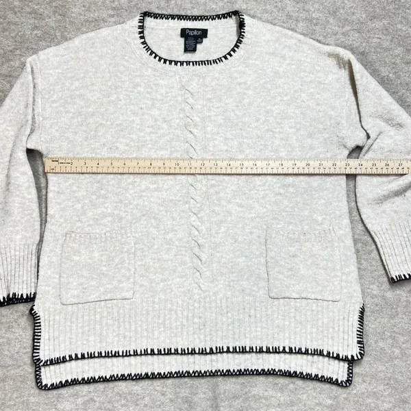 Papillon Womens XL Oatmeal Blanket Stitch‎ Cable Knit Pocket Sweater Minimalist - Image 6
