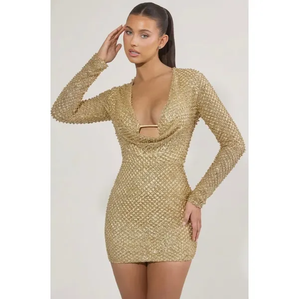 Oh Polly Arlowe Embellished Cowl-Neck Mini Dress in Gold Size 2 New - Image 3