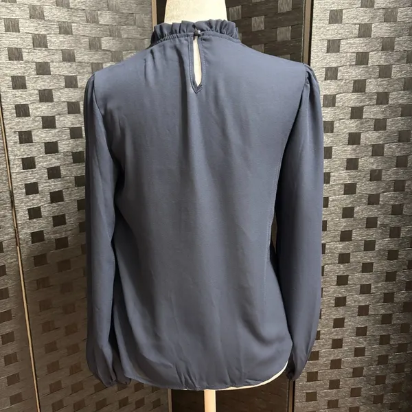SheIn Chiffon Blouse Navy Ruffle Mock Neck Bishop Sleeve Work Modest Minimalist XS‎ - Image 3