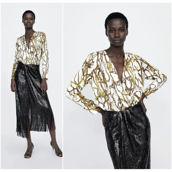 Zara Equestrian Chain Link Print Wrap Bodysuit Blouse Top Gold Brown Ivory Sz M - Image 2