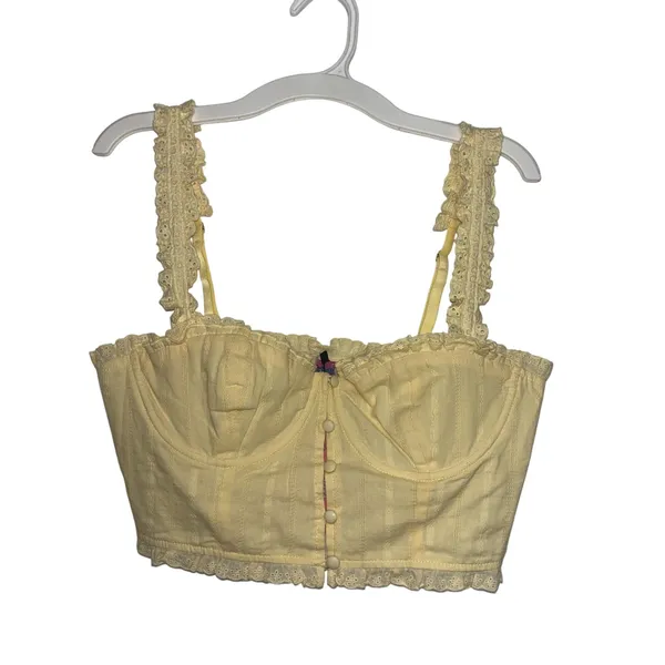 NWT Edikted Butter Yellow Button Front Cropped Eyelet Corset Top M Coquette - Image 2