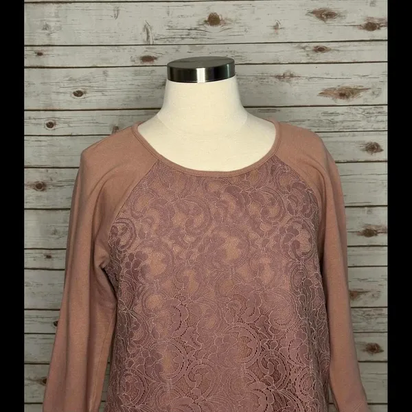 LOFT mauve cotton lace overlay fleece top Size XL - Image 2