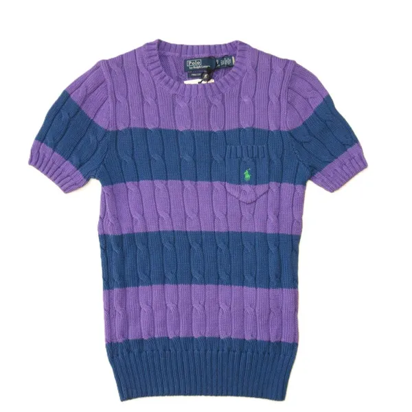 NWT Polo Ralph Lauren Striped Cable-Knit Short-Sleeve Sweater in Purple Navy XS - Image 3