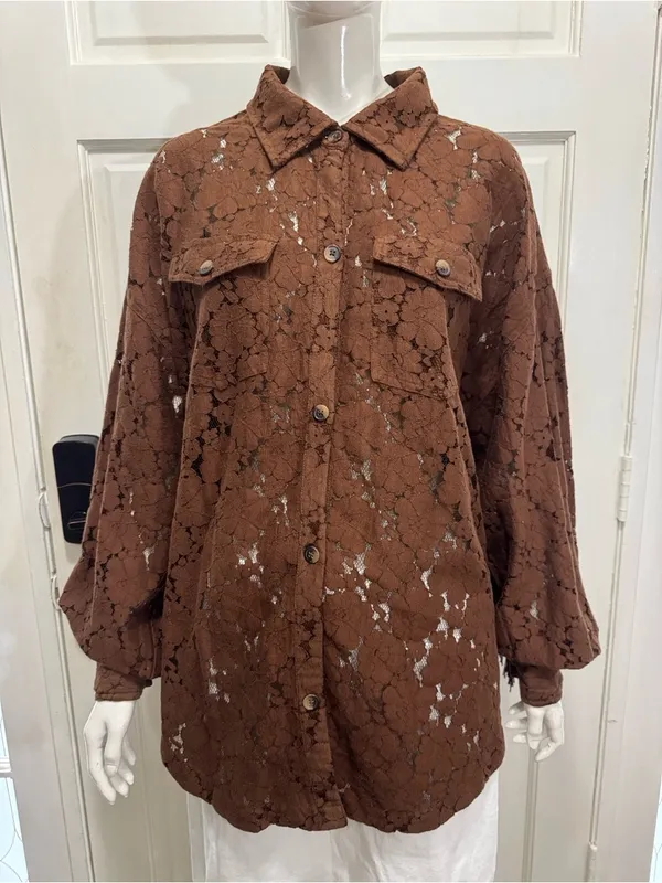 Shyanne Western Brown Lace-Overlay Frnge Shirt Jacket Size Large A1 - Image 5