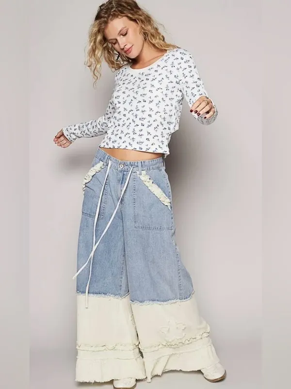 NWT POL Ruffle Hem Contrast Denim Wide Leg Jeans with Drawstring Waist - Image 6