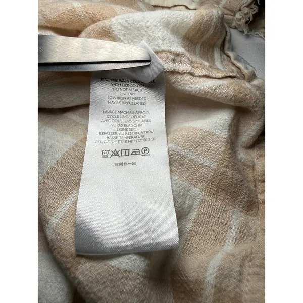Pilcro and the Letterpress Anthropologie Plaid Peplum Blouse Tan White Fringe Short Sleeve XL Boho - Image 8