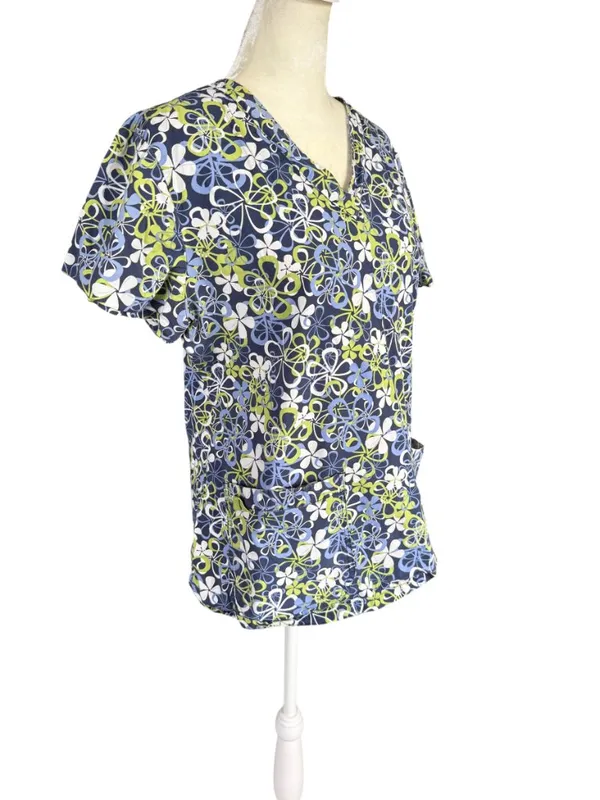 MC2 lime green and blue floral short sleeve v-neck scrub top front pockets L - Image 2
