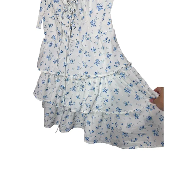 Cider‎ Blue Floral Tiered Mini Dress White Lace Up Corset Tie Shoulder Medium - Image 3