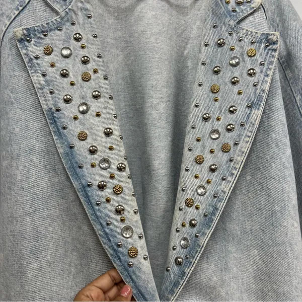 80's Vintage M BLUE Jean Jacket acid washed out studded - Image 8