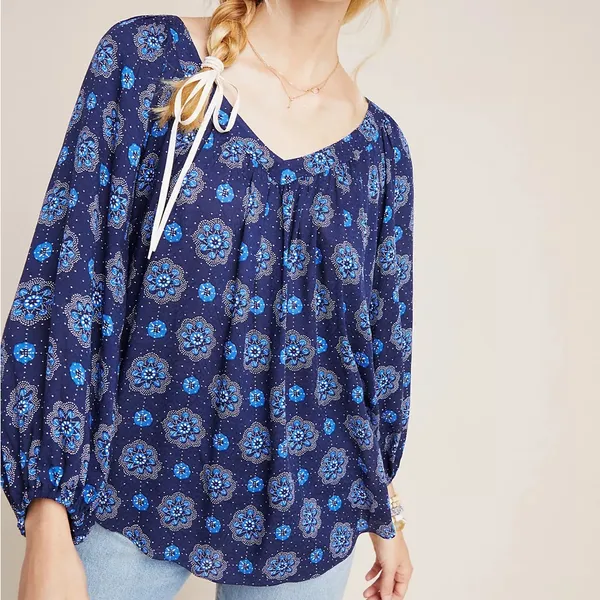 Maeve by Anthropologie size 4 Boswell v-neck blouse 3/4 balloon sleeves dotted - Image 13