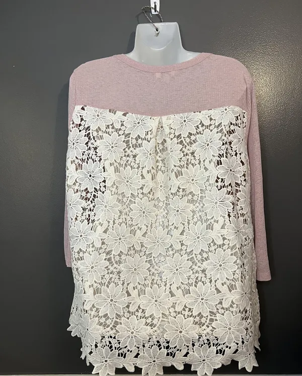 Umgee Shirt Womens Medium Pink Floral Crochet Lace Tunic Long Sleeve Top Boho - Image 4