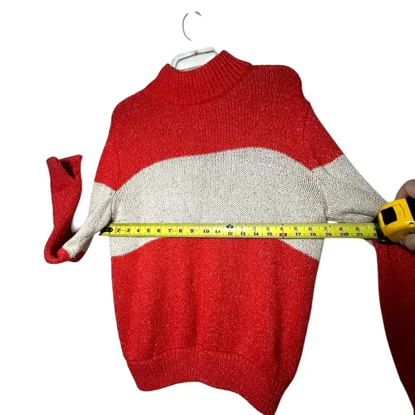 Aerie Sweater Wome's Small Coral White Striped Mock Neck Chunky Knit Pullover - Image 4