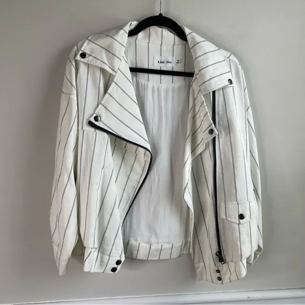 Anthropologie Line and dot white striped‎ moto zip up jacket size medium - Image 3
