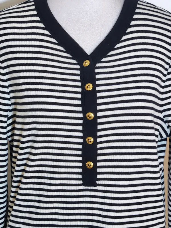 Lauren Ralph Lauren Womens Black and White Ribbed Knit Henley Size Large - Image 2