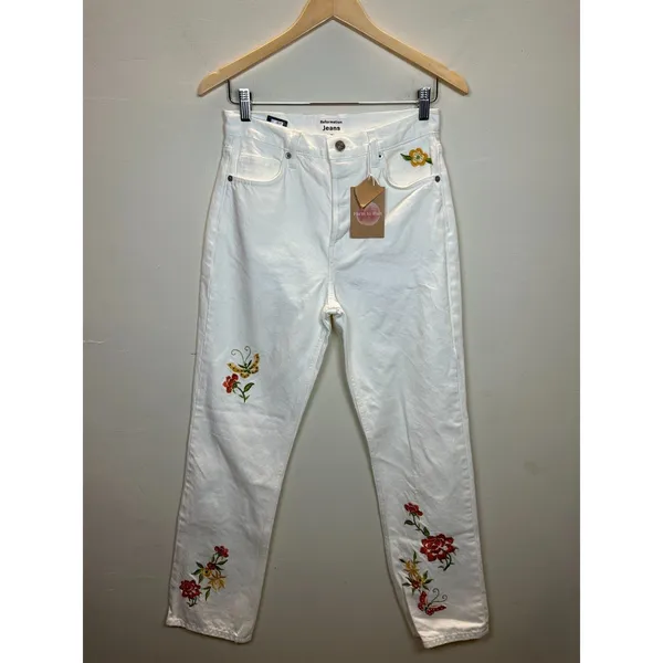 Reformation Jeans Pants Women 26 White Floral Embroidered Straight Leg New Denim - Image 2