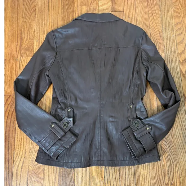 Danier Brown Leather Jacket Military Style Pockets Button Closure women's‎ XS - Image 2