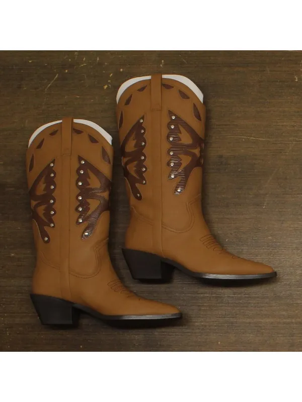 NWT Madden Girl Faux Leather Stud Pointed Toe Western Boots Natural Brown 8M - Image 9